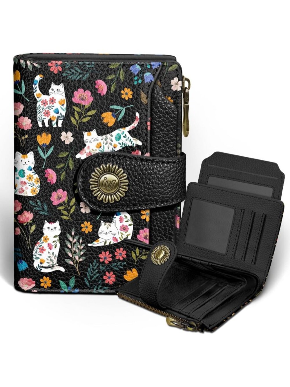 〽️Women Cat Flower PU Leather RFID Blocking Bifold Wallet 14 Card Slots Cash Pur